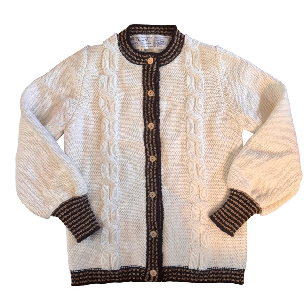 Andrew St. John Vintage Off-White Cable Knit‎ Cardigan Sweater Brown Trim Large